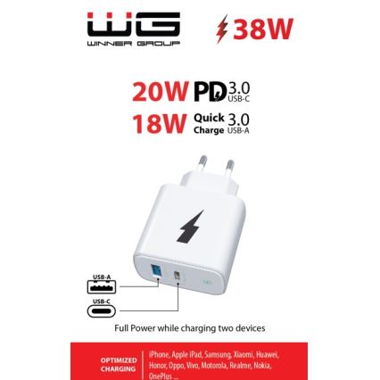 Winner Group - Gyorstöltő adapter 1xUSB-C + 1xUSB-A Power Delivery 38W fehér