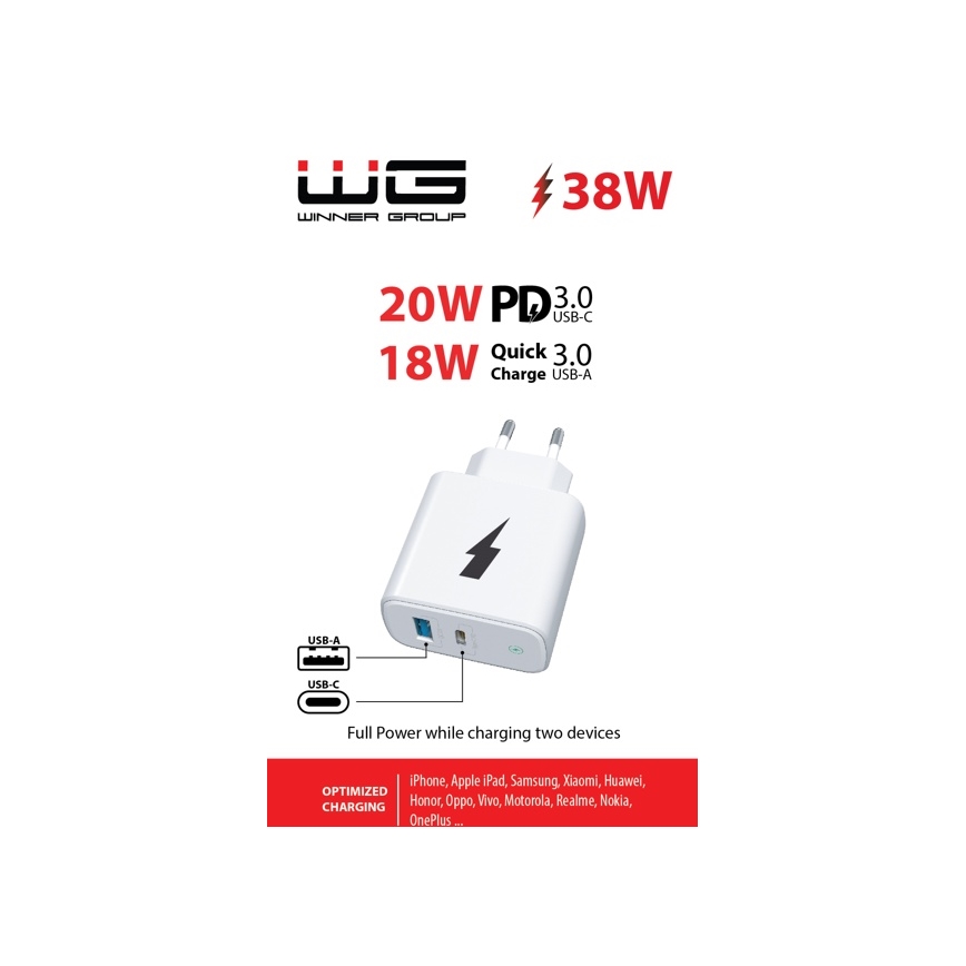 Winner Group - Gyorstöltő adapter 1xUSB-C + 1xUSB-A Power Delivery 38W fehér