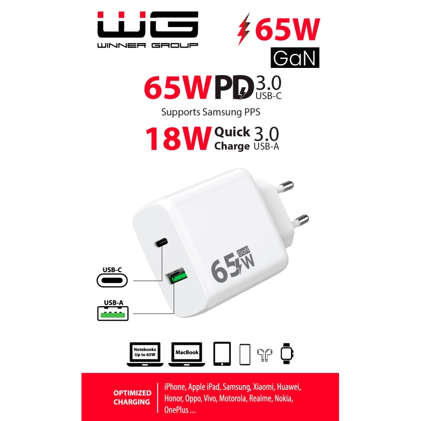 Winner Group - Gyorstöltő adapter 1xUSB-C + 1xUSB-A Power Delivery 65W fehér