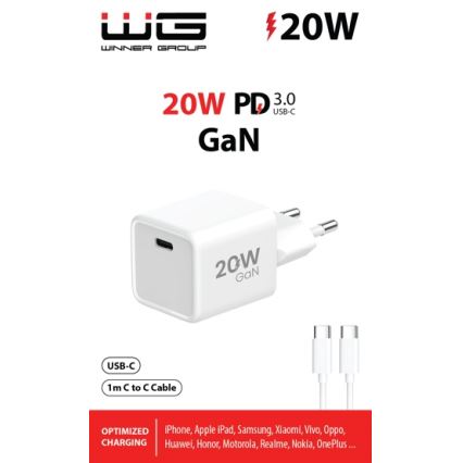 Winner Group- Gyorstöltő adapter 1xUSB-C PD 20W + USB vezeték USB-C / USB-C 1m