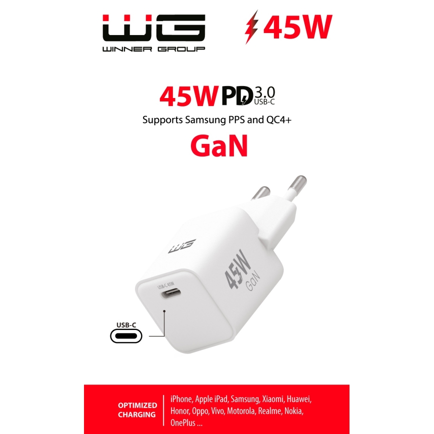 Winner Group - Gyorstöltő adapter 1xUSB-C Power Delivery 45W fehér
