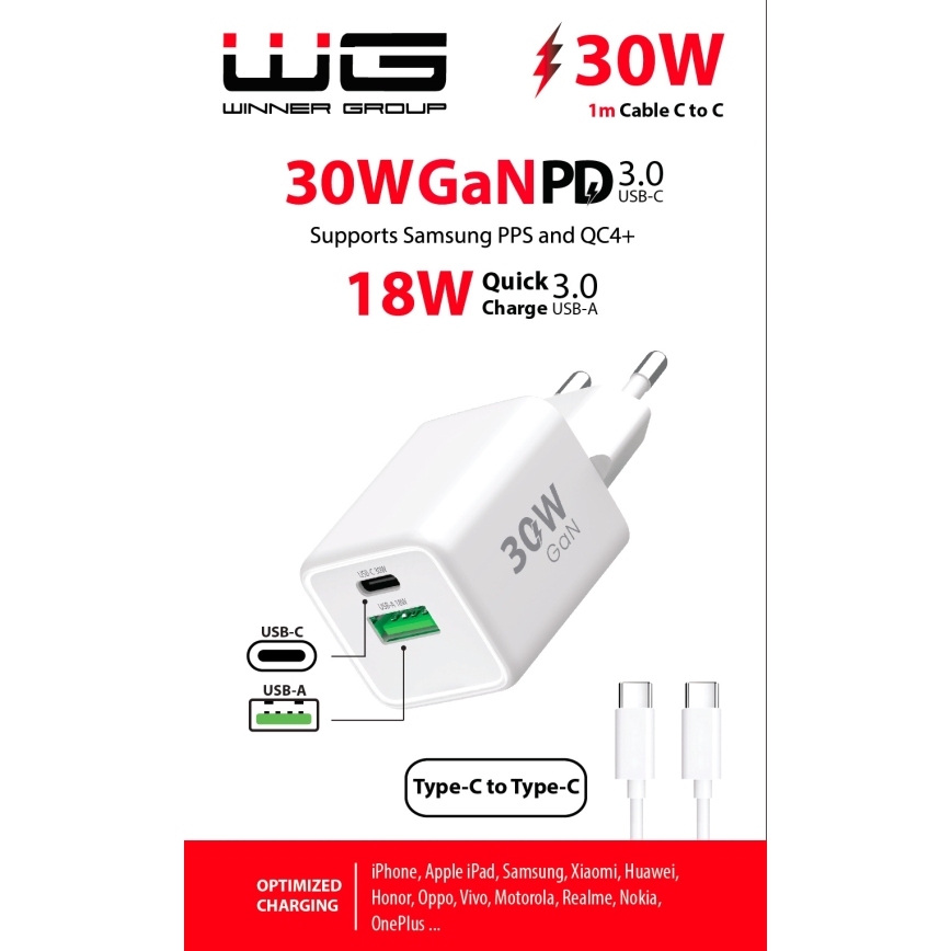 Winner Group - Gyorstöltő adapter 2xUSB PD 30W + USB vezeték USB-C / USB-C 1m