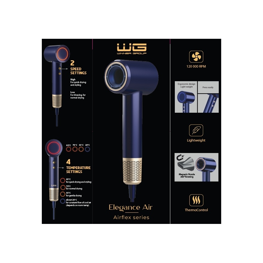 Winner Group - Hajszárító ionizátorral Elegance Air 1600W/230V kék SCHUKO