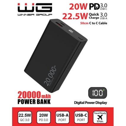 Winner Group - Power Bank kijelzővel 20000 mAh 20W Power Delivery fekete