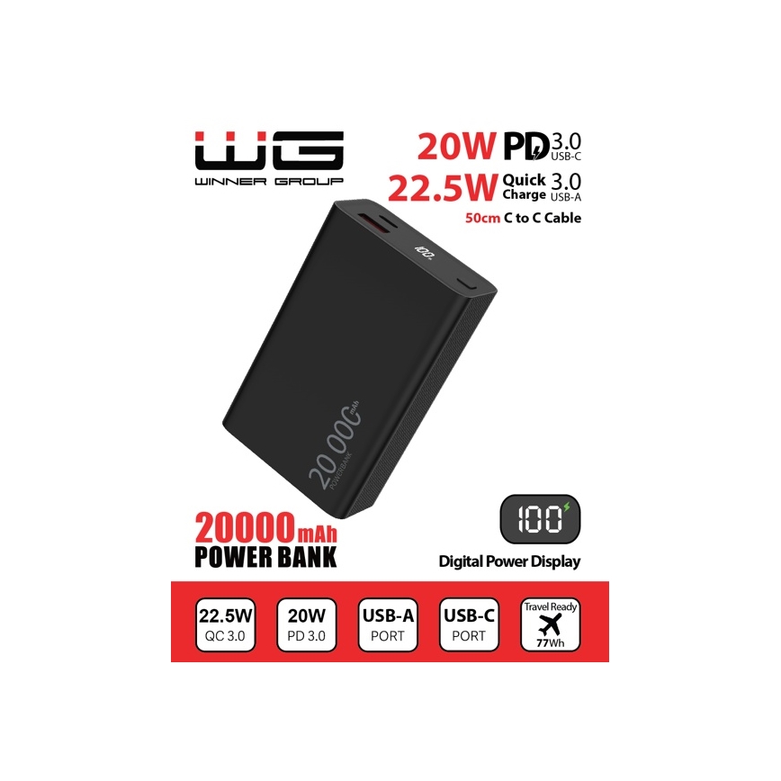 Winner Group - Power Bank kijelzővel 20000 mAh 20W Power Delivery fekete
