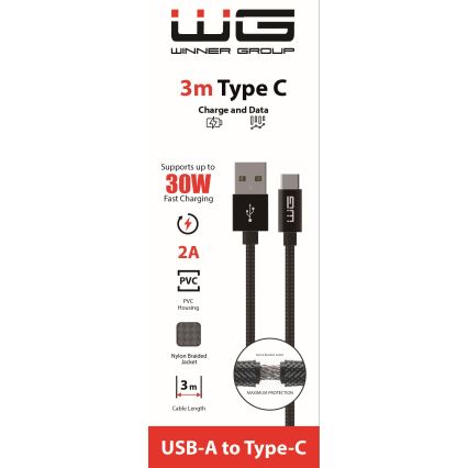Winner Group - USB-kábel USB-C / USB-A, 30 W, 3 m, fekete