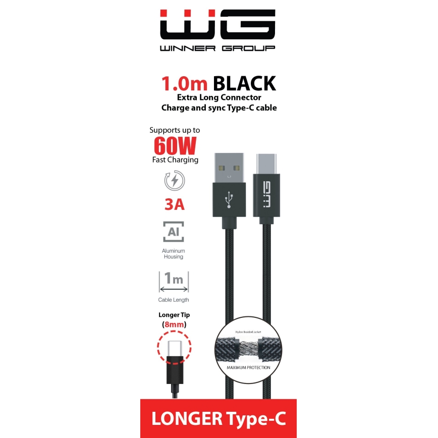 Winner Group - USB vezeték kiterjesztett csatlakozóval USB-C / USB-A 60W 1m fekete