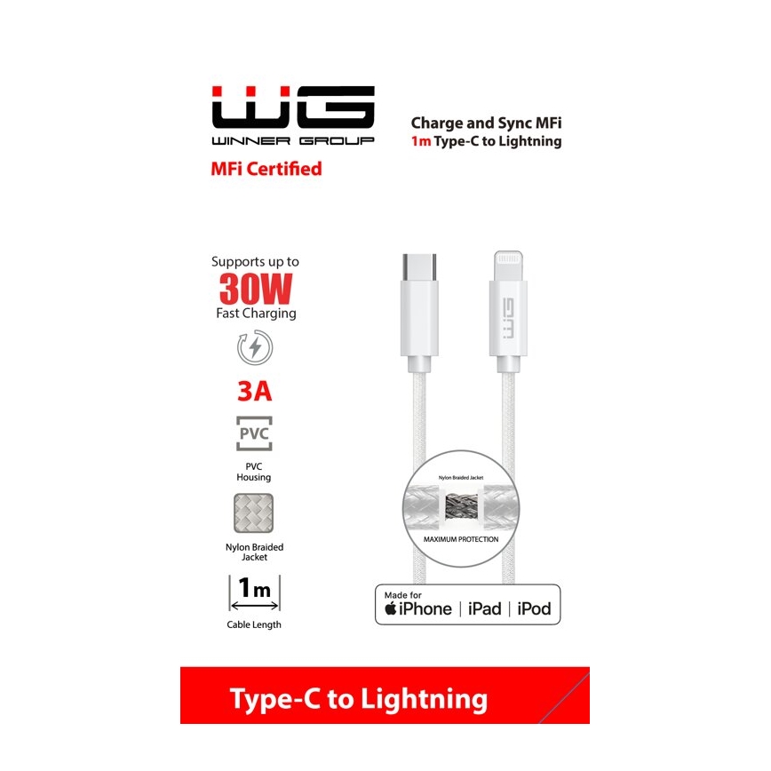 Winner Group - USB vezeték MFI Lightning / USB-C 1m fehér