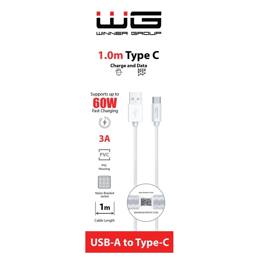 Winner Group - USB vezeték USB-C / USB-A 60W 1m fehér