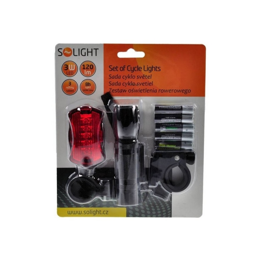 Készlet kerékpár lámpa - első LED 3W + hátsó 5xLED, 2xtartó, 5xAAA elemek