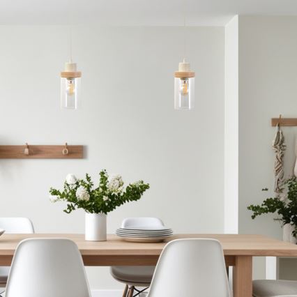 WOODNEST zsinóros függőlámpa 1xE27/15W/230V, fenyő/krémszín