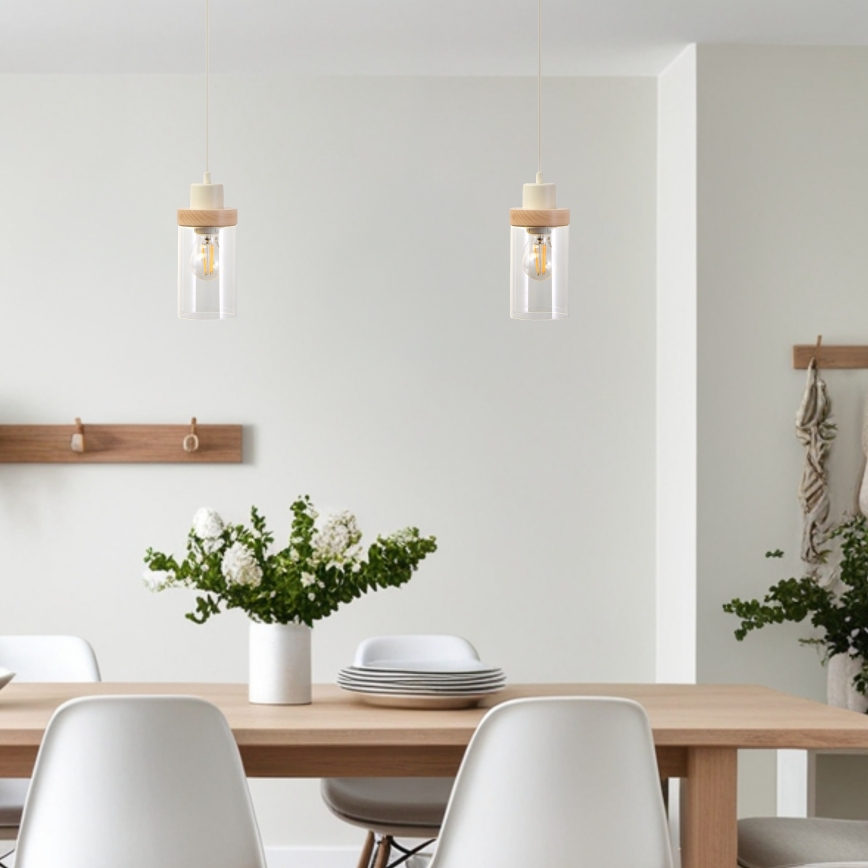 WOODNEST zsinóros függőlámpa 1xE27/15W/230V, fenyő/krémszín