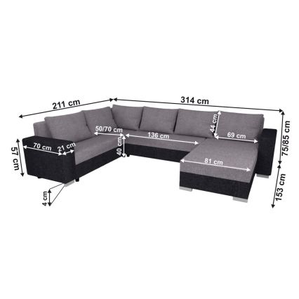 YORK kárpitozott, univerzális, kihúzható U-alakú ülőgarnitúra, szürke/fekete