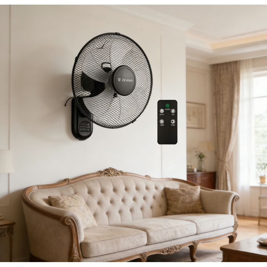 ZEVENTI - FANNY falra szerelhető ventilátor 45W/230V Ø 41 cm fekete + távirányítóval