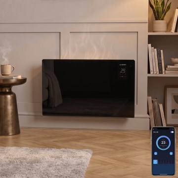 ZEVENTI - Intelligens fali elektromos fűtőtest/konvektor LCD kijelzővel 1000/2000W/230V Wi-Fi fekete