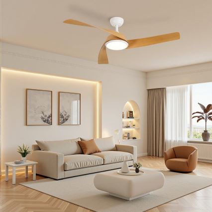 ZEVENTI - LED fényerőszabályozható mennyezeti ventilátor AERYS LED/24W/230V 3000/4000/6000K Wi-Fi Tuya fehér/tölgy + távirányító