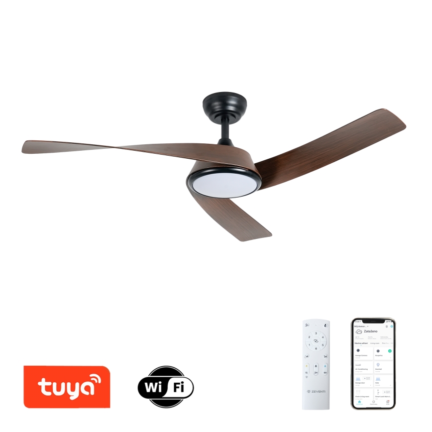 ZEVENTI - LED fényerőszabályozható mennyezeti ventilátor AERYS LED/24W/230V 3000/4000/6000K Wi‑Fi Tuya fekete/dió + távirányító