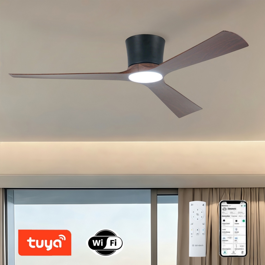 ZEVENTI - LED fényerőszabályozható mennyezeti ventilátor AUREX LED/24W/230V 3000/4000/6000K Wi-Fi Tuya fekete/dió + távirányító