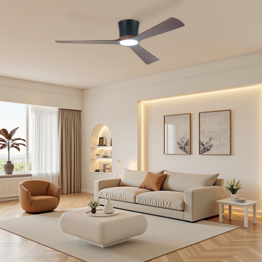 ZEVENTI - LED fényerőszabályozható mennyezeti ventilátor AUREX LED/24W/230V 3000/4000/6000K Wi-Fi Tuya fekete/dió + távirányító