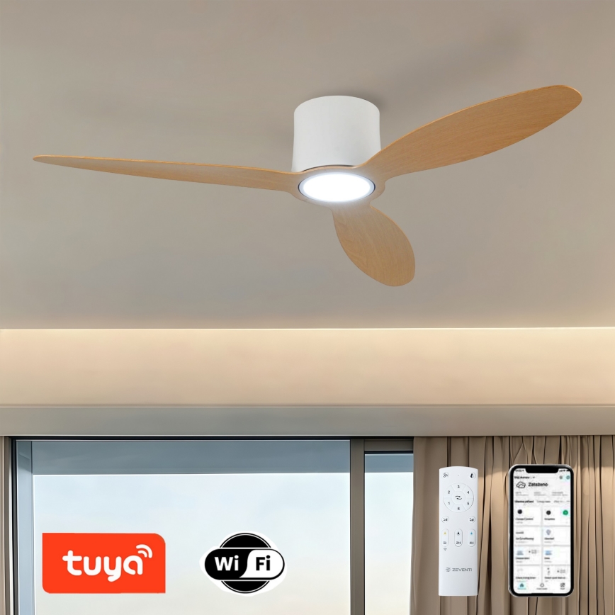 ZEVENTI - Dimmelhető LED mennyezeti ventilátor VENTORA LED/24W/230V 3000/4000/6000K Wi-Fi Tuya fehér/tölgy + távirányító