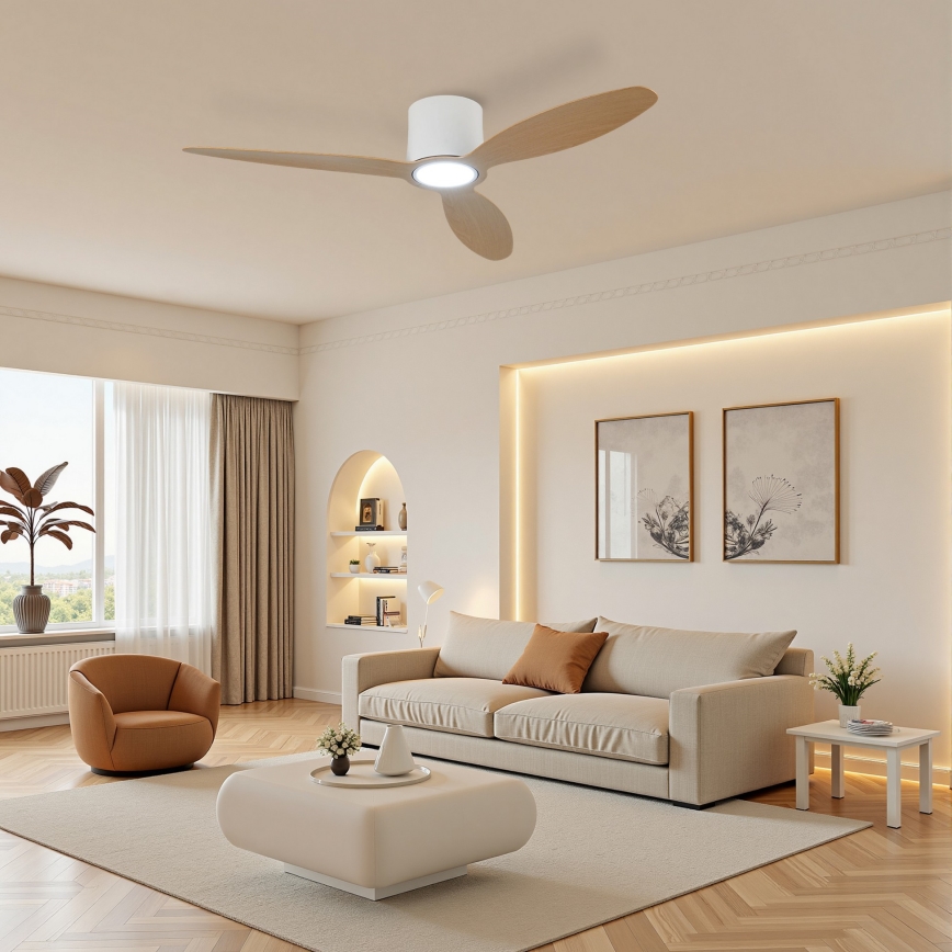 ZEVENTI - Dimmelhető LED mennyezeti ventilátor VENTORA LED/24W/230V 3000/4000/6000K Wi-Fi Tuya fehér/tölgy + távirányító