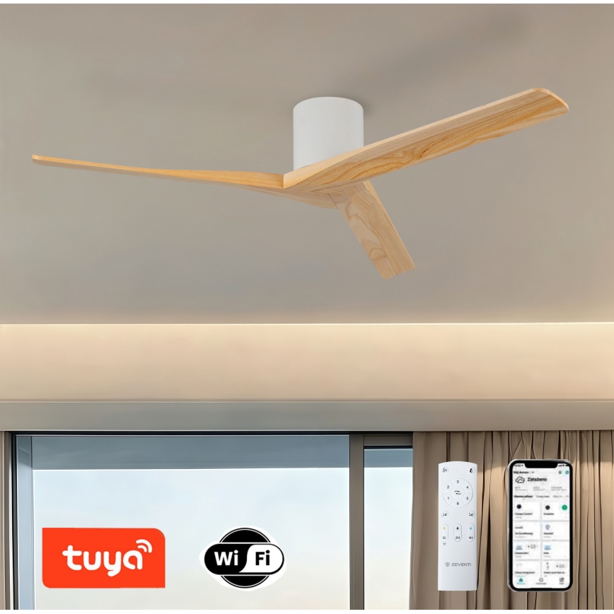 ZEVENTI - Mennyezeti ventilátor VELLON Wi-Fi Tuya fehér/paulownia + távirányító