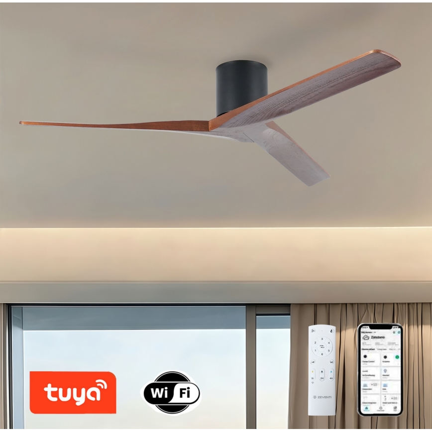 ZEVENTI - VELLON mennyezeti ventilátor Tuya Wi‑Fi, fekete/dió + távirányító