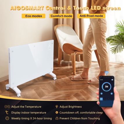 ZEVENTI - Okos elektromos direkt fűtőtest/konvektor LCD-kijelzővel 2000W/230V Wi‑Fi fehér