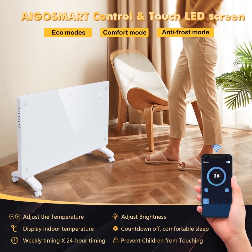 ZEVENTI - Okos elektromos direkt fűtőtest/konvektor LCD-kijelzővel 2000W/230V Wi‑Fi fehér