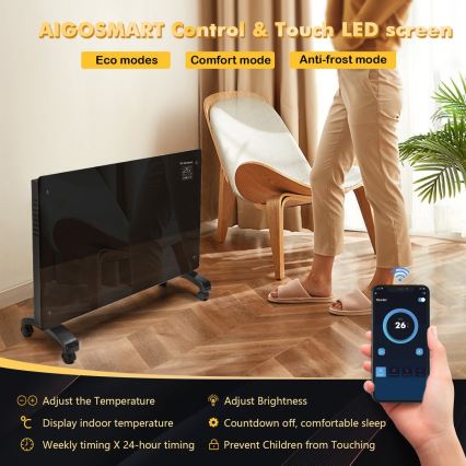 ZEVENTI - Okos elektromos fűtőtest/konvektor LCD-kijelzővel 2000W/230V Wi-Fi fekete