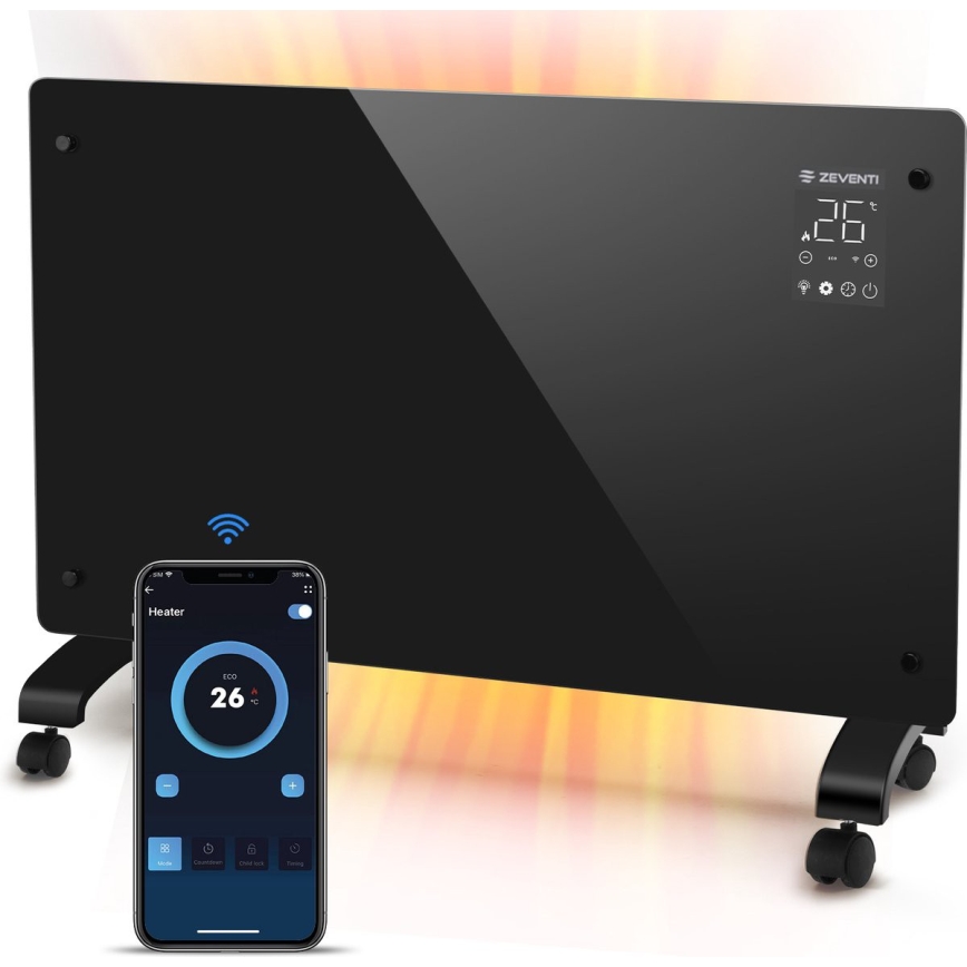 ZEVENTI - Okos elektromos fűtőtest/konvektor LCD-kijelzővel 2000W/230V Wi-Fi fekete