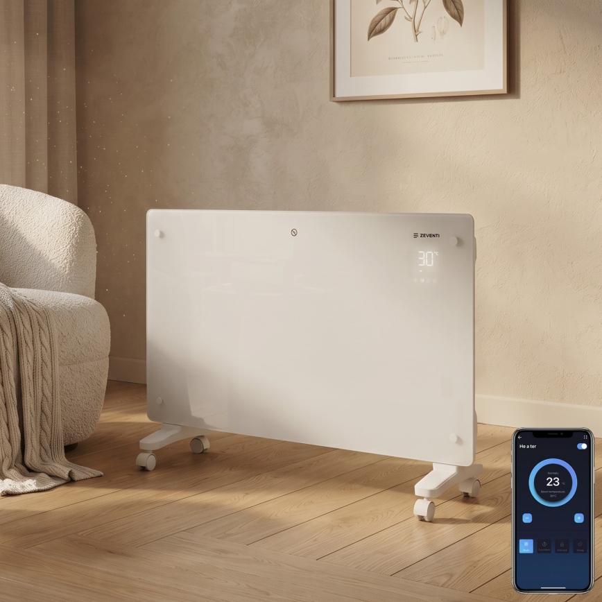 ZEVENTI - Okos fali elektromos direkt fűtőtest/konvektor LCD kijelzővel 1000/2000W/230V Wi-Fi fehér