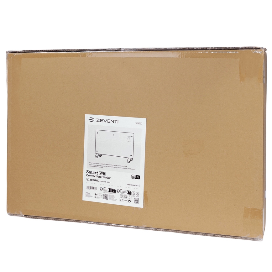 ZEVENTI - Okos fali elektromos direkt fűtőtest/konvektor LCD kijelzővel 1000/2000W/230V Wi-Fi fehér
