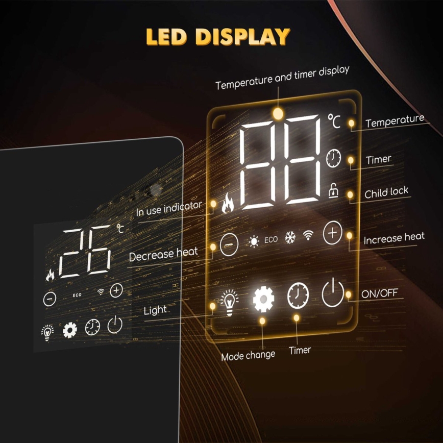 ZEVENTI - Intelligens fali elektromos fűtőtest/konvektor LCD kijelzővel 1000/2000W/230V Wi-Fi fekete