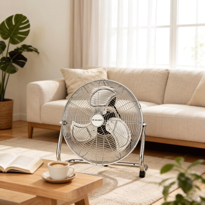 ZEVENTI - Álló ventilátor FLOW 100W/230V, átmérő 54 cm, fényes króm
