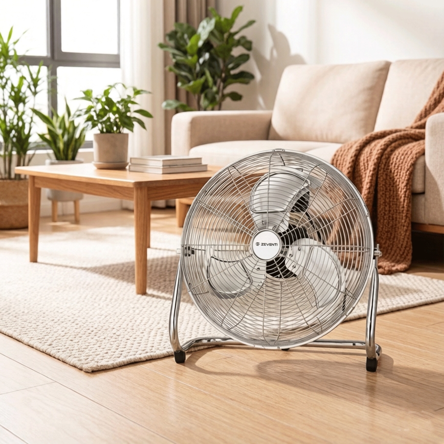 ZEVENTI - Álló ventilátor FLOW 100W/230V, átmérő 54 cm, fényes króm