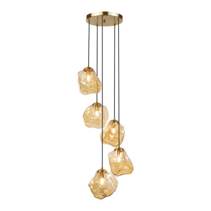 Zsinóros csillár CRISTAL 5xE14/15W/230V sárgaréz/füstös bézs