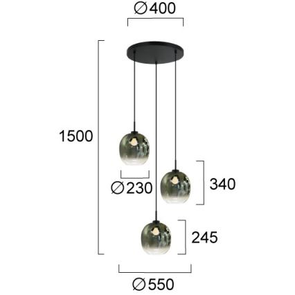 Zsinóros csillár MIRROR 3xE27/14W/230V füstzöld