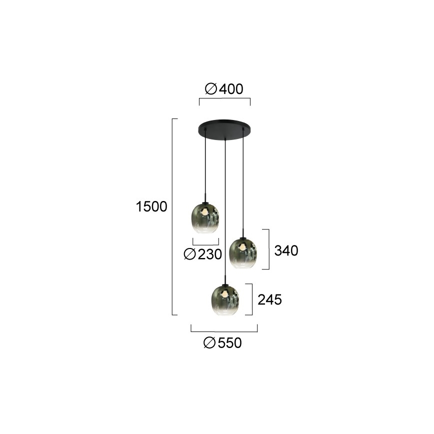 Zsinóros csillár MIRROR 3xE27/14W/230V füstzöld